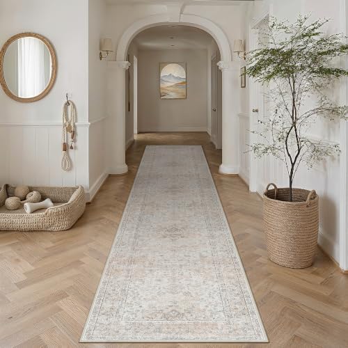 3x12 Washable Runner Rug Beige Grey Non Slip Vintage Carpet - Image 3
