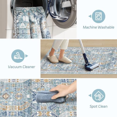 Madane Kitchen Runner 2'6''x8' Soft Rug Runners for Hallways, Blue/Gold - Image 5