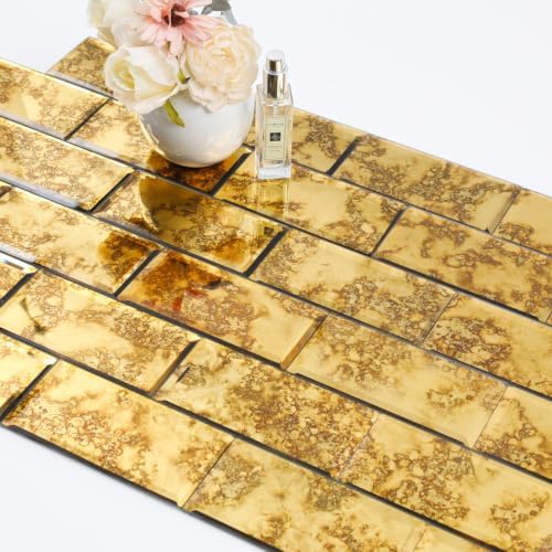 Diflart Peel and Stick Mirror Subway Tiles, Gold Antique, 3x6 Inch, 5 Sq.ft by Diflart