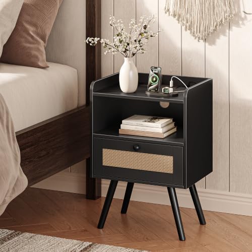 SUPERJARE Nightstands with Charging Station, Bedside Table Set of 2, Black - Image 3