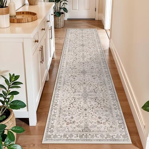 2x10 ft Hallway Runner Rug Washable – Boho Floral Non Slip Long Carpet Runner for Kitchen Entryway Bedroom Living Room, Soft Low-Pile Thin Floor Area Rug (Beige, 2x10) by BYYVOORugsforYourHome