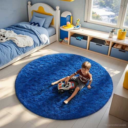 Ophanie Round Rug 6Ft Blue Circle Area Rug, Boys Room Decor, Fluffy Fuzzy Bedroom Carpet, Plush Soft Shaggy Living Room Rugs for Kids Home Aesthetic, Nursery with Over 99 pcs Pile fibers - Image 3