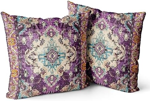 Snycler Boho Throw Pillow Covers 18x18 inch Set of 2 Boho Rug Carpet Double Sided Pattern Cotton Soft Pillow Case Cushion Cover Pillowcase for Couch Sofa Bed Decorative (Purple) by Snycler