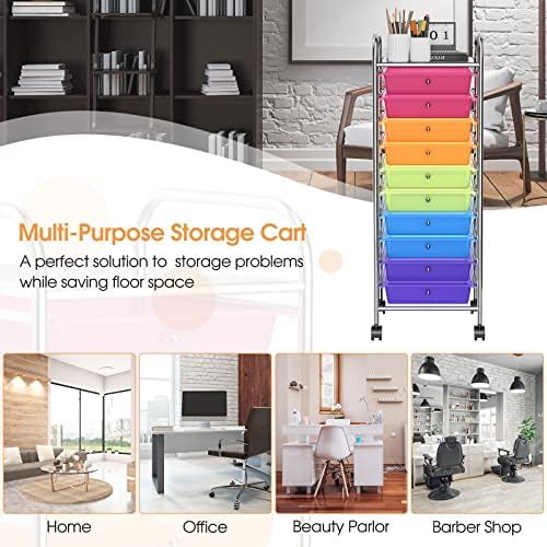 MEDIMALL 10 Drawers Rolling Storage Cart, Multipurpose Craft Storage Cart with Wheels, Mobile Tools Scrapbook Paper Organizer Cart for Office School Home Use (Rainbow) - Image 7
