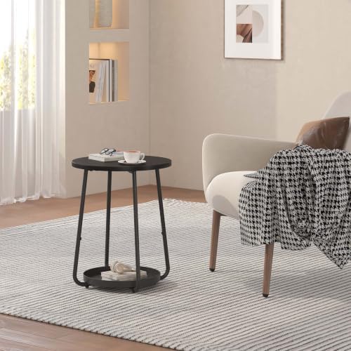sthmec Small Round Side End Table with Storage, 2 Tier Round Bedside Sofa Couch Coffee Tables with Tray, Metal Nightstand for Small Spaces, Living Room Bedroom, Black - Image 2