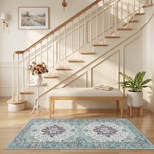 RELEANY Washable Area Rug, Runner 2'6"x5', Teal Green/White/Navy - Image 3