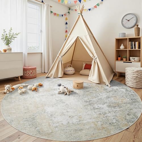 Aelenmu Round Rug 8ft Washable Rug for Dining Room Living Room Beige Grey - Image 4