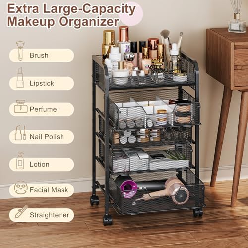 Hongtamoya Makeup Cart Organizer with 4 Drawers, Vanity Storage Organizer, Large Floor Skincare Organizers Cosmetics Display Cases for Skin Care Perfume Nail Polish, Black - Image 7