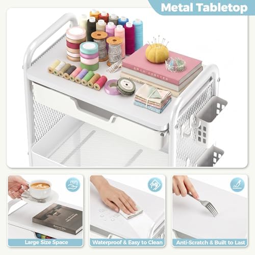KINGBOARD 3 Tier Metal Rolling Cart with Drawer, White Utility Storage Cart | 2 Cups & 4 Hooks, Lockable Wheels, Trolley Organizer for Bathroom, Kitchen, Office, Nursery, Dorm, Laundry, Craft Room - Image 5