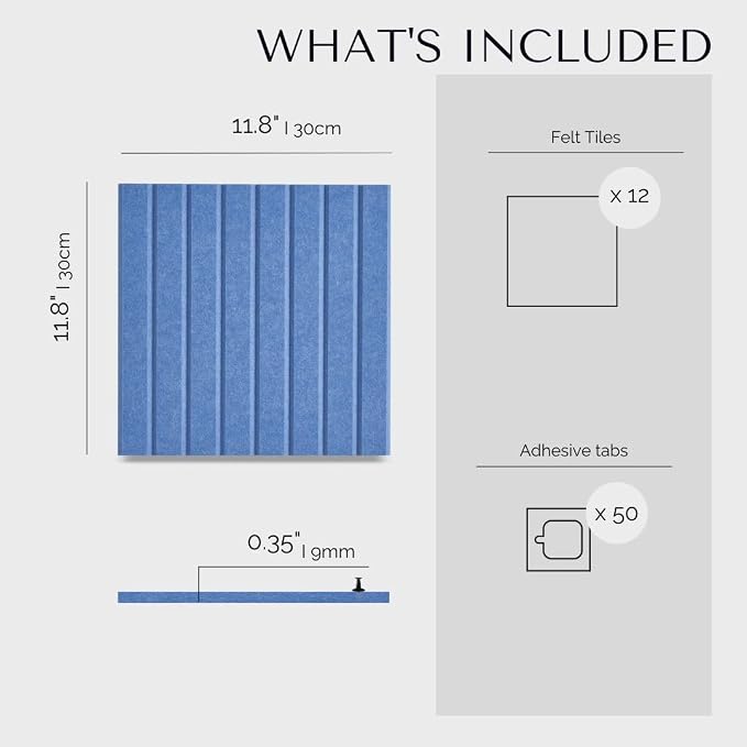 VIVELDA Felt Bulletin Board Tiles 48"x36" -12-Pack Cork Board Alternative, OEKO-TEX Certified, NRC 0.95 Acoustic Wall Panels, Damage-Free Adhesive, Slatted Design, Home Office, Classroom (Pastel Blue) - Image 5