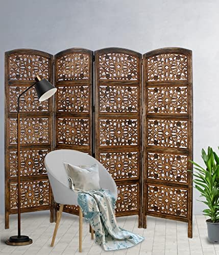 COTTON CRAFT Room Divider Wood Screen - Hand Carved Folding 4 Panels 72x80 - Image 5