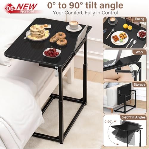 Extra Large TV Tray Table Set of 2, Heavy Duty C-Shaped Laptop Desk with 8-Level Height & 90° Tilt, Folding Overbed End Table for Couch and Bed, Black Finish with Phone/Tablet Slot for Small Spaces - Image 6