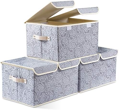 PRANDOM Large Foldable Storage Bins with Lids Fabric Decorative Storage Box Cubes Organizer Containers Baskets with Cover Handles Removable Divider for Home Bedroom Closet 17.3x11.8x9.8 Inch 3 Pack by Prandom