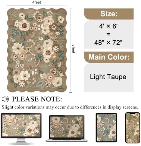 DUKINO 4x6 Area Rug, Non Slip Floral Washable Living Room Rug, Light Taupe - Image 2