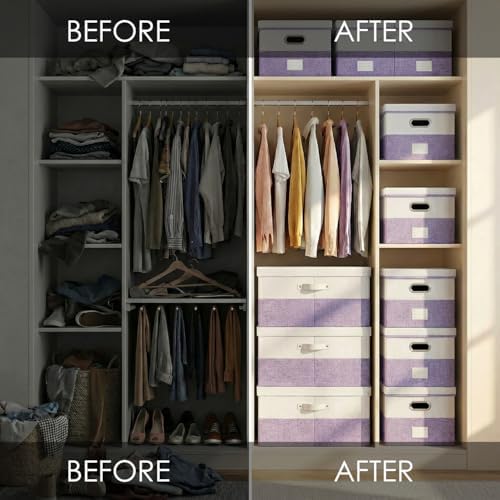 PRANDOM Storage Bins with Lids [3-Pack] Linen Fabric Foldable Storage Boxes Organizer Containers Baskets Cube with Cover for Bedroom Closet Office White&Purple (23.4X15.9X11.4) - Image 5