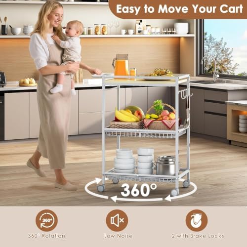 Microwave Kitchen Cart, White Kitchen Shelf with Push Handle, 3 Tier Rolling Microwave Table Stand with 2 Lockable Wheels for Bakers Rack, Kitchen Island, Small Coffee Station - Image 3
