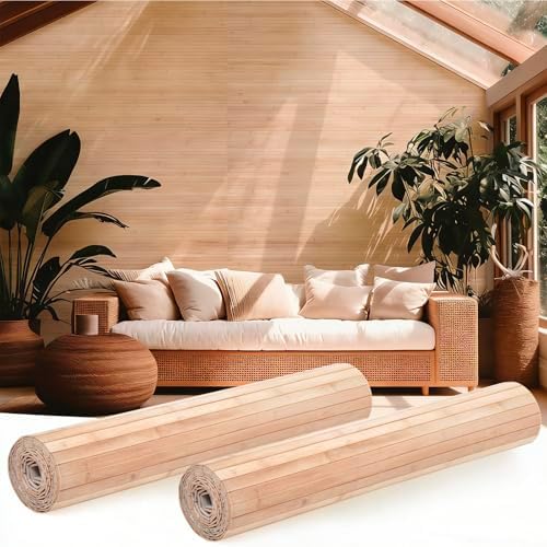 Juexica 2 Pcs Natural Bamboo Wall Panel 16 x 96 Inch Bamboo Covering Renewable Pole Wrap Fencing Wainscoting Room Divider for Interior Wall Decoration Bedroom Living Room Ceiling (Light Carbonized) by Juexica