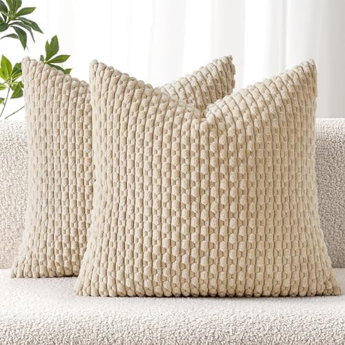 MIULEE Decorative Throw Pillow Covers 16x16 Beige Textured Corduroy by MIULEE