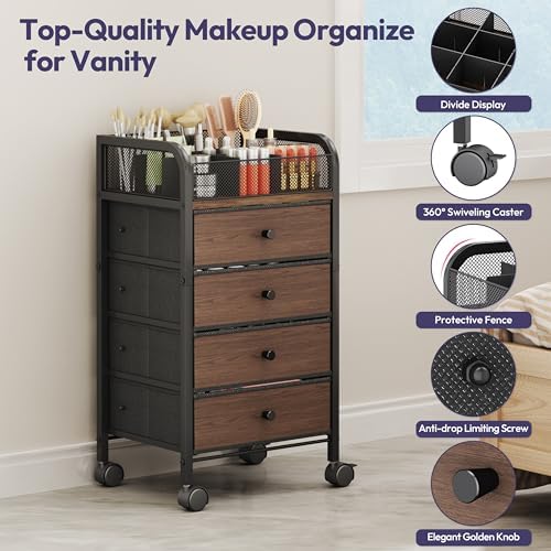 SWTYMIKI Rolling Makeup Organizer Cart - 14.96″*11.81″*27.55″ Widened Under Desk Vanity Storage with 4 Non-woven Drawers, Cosmetic Display Cases for Skin Care Perfume Nail Polish Brush Hair Tool Black - Image 5