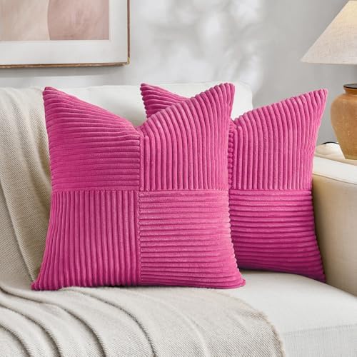 Fancy Homi 2 Packs Hot Pink Samll Decorative Throw Pillow Covers 14x14 Inch with for Couch Bed Sofa, Rustic Farmhouse Boho Home Decor, Soft Corss Patchwork Corduroy Square Cushion Case 35x35 cm by Fancy+Homi