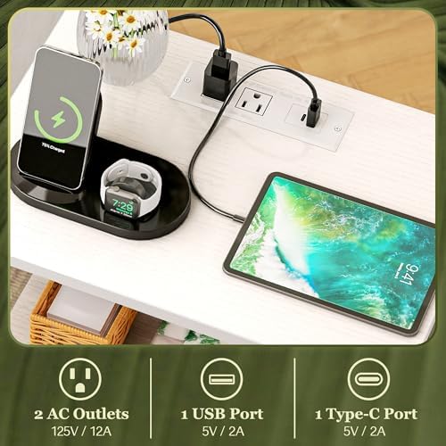 SUPERJARE Nightstand with Charging Station, Bed Side Table with Adjustable Fabric Drawer, Night Stand for Bedroom, 3-Tier Storage End Table, for Living Room, White - Image 4