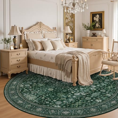 Round Area Rug for Living Room: 8ft Boho Washable Rug Deep Green - Image 4