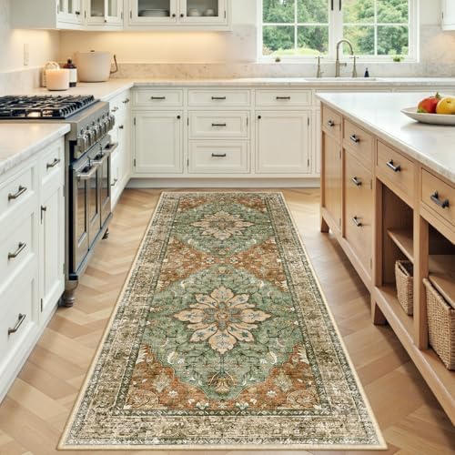 RELEANY Washable Area Rug, Runner 3'x7', Brick/Brown/Green by RELEANY