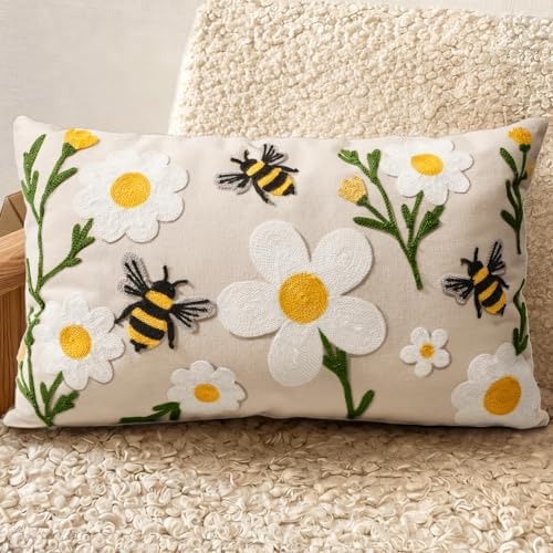 Embroidered Lumbar Pillow Cover 20x12 Inch, Flower Bee by Kokaaee