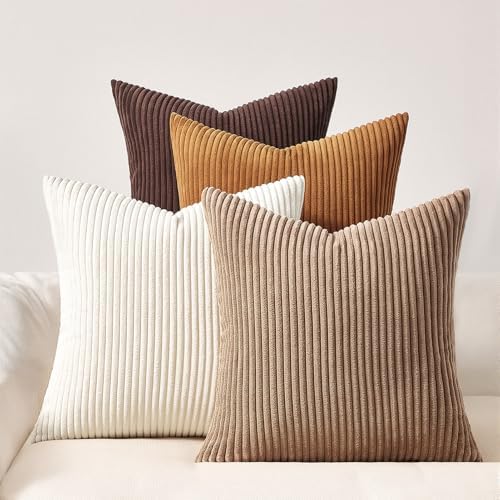 Topfinel 20 by 20 Pillow Covers Set of 4 Rustic Modern Soft Corduroy Striped Decorative Cushion Cover Gold Brown Gradient Farmhouse Pillow Case for Sofa Couch Living Room Bedroom by Topfinel