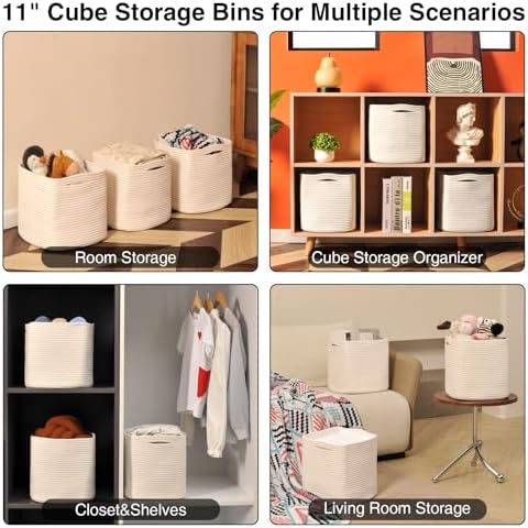 11 Inch Cube Storage Bins, Woven Cotton Rope Basket Off White - Image 5