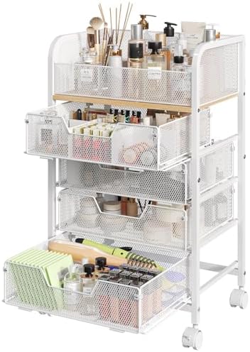 Hongtamoya Makeup Cart Organizer with 4 Drawers, Rolling Makeup Cart, White by Hongtamoya