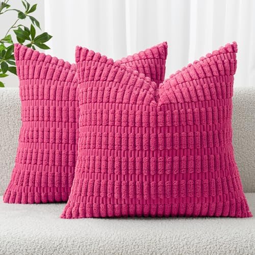 MIULEE Corduroy Decorative Throw Pillow Covers 18x18 Hot Pink Pack of 2 by MIULEE