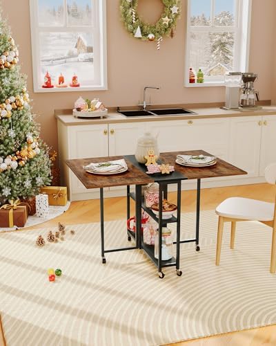 CHOEZON Folding Dining Table, Movable Dining Table, Expandable Kitchen Table, Versatile Table with 6 Wheels and 2-Tier Shelf, for Dining, Living Room, Apartment, Rustic Brown TCZ01BF - Image 2