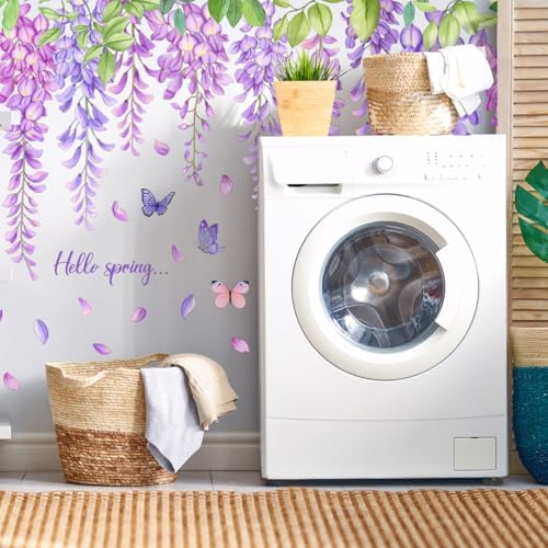 Hanging Green Vine Wall Decals,Succulent Plants Wisteria Floral Flowers Butterflies Birds Wall Stickers, Self-Adhesive Vinyl Removable Living Room Sofa TV Wall Decor by ZARROUEA