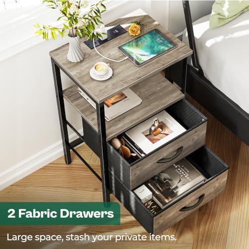 Huuger Nightstand with Charging Station, Side Table with Fabric Drawers - Image 4