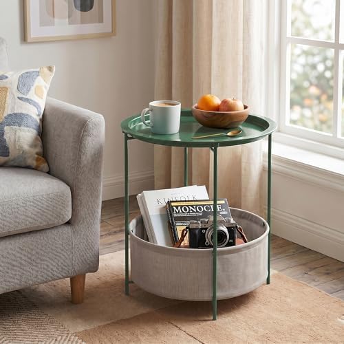 VECELO Round Side/End Table with Fabric Storage Basket，Metal Anti-Rust and Waterproof Small Bedside Nightstand with Removable Tray Top for Living Room，Balcony & Laundry，Dark Green /2pcs with Basket - Image 2