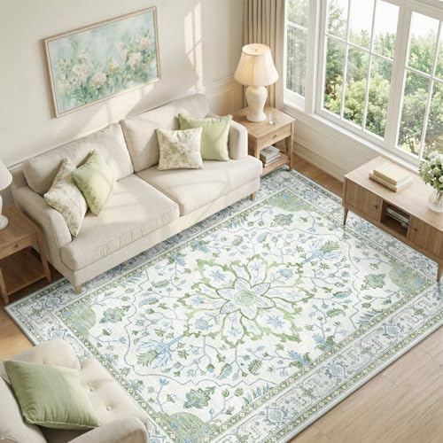RELEANY Washable Area Rug, 6'x9', Green/White/Blue by RELEANY