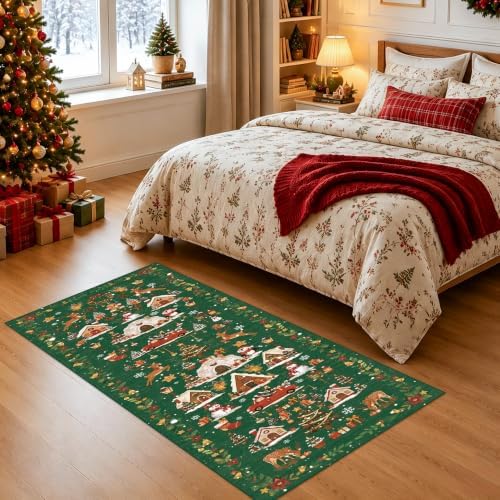2x5 Christmas Runner Rug for Hallway - Washable Thin Kitchen Rug Runner Non Slip Low Pile Water Resistant Floor Mat for Entryway Laundry Bathroom Soft Bedroom Carpet （2x5,Green） - Image 3