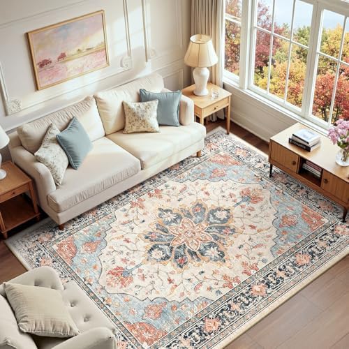 RELEANY Washable Area Rug, 6'x9', Beige/Blue/Orange by RELEANY