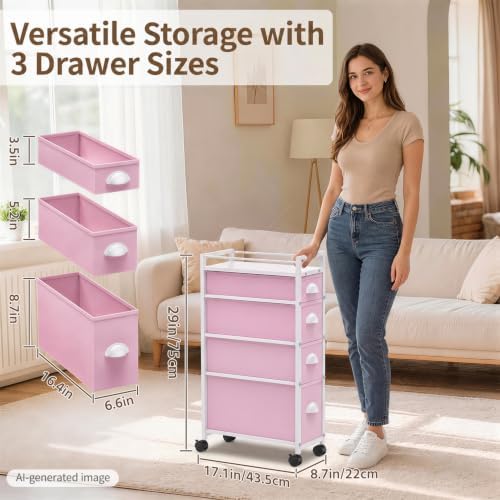 LASZOLA Narrow Cabinet Slim Storage Cart for Bathroom Small Space, Pink - Image 2