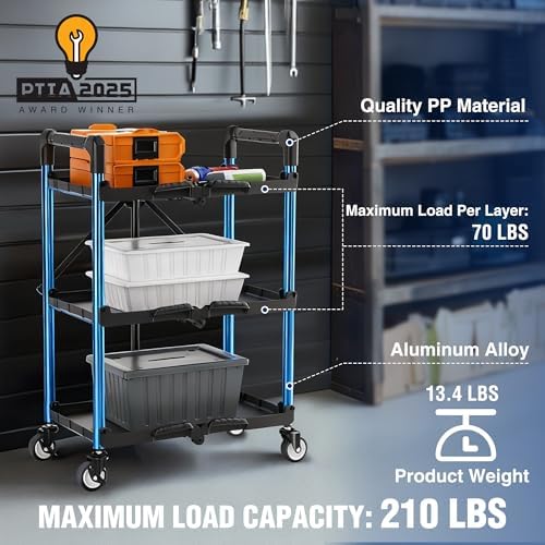 WORKPRO 3-Tier Collapsible Utility Cart, 210 LBS Cart with Wheels - Image 4