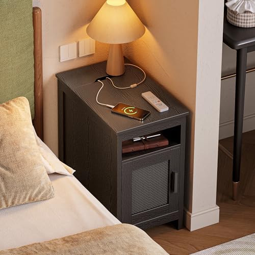 Huuger Narrow Night Stand Set of 2, End Table with Charging Station, USB-C Port, Rattan Side Table with Cabinet and Open Shelf, Synthetic Rattan, for Small Spaces, Bedroom, Black - Image 6