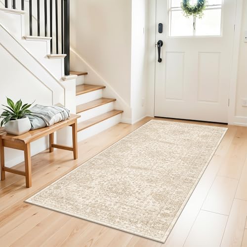 3x6 Washable Entryway Runner Rug – Non-Slip Wide Carpet Runner for Kitchen Hallway Bathroom, Neutral Vintage Distressed Low Pile Indoor Door Mat (Ivory Beige) by ZHXXUJ