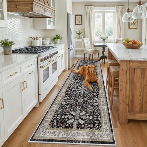 3x10 ft Long Kitchen Runner Rug – Non-Slip Washable Hallway Carpet Runner with Rubber Backing, Boho Floral Low Pile Thin Wide Runners for Entryway Indoor（Black,3x10） - Image 3