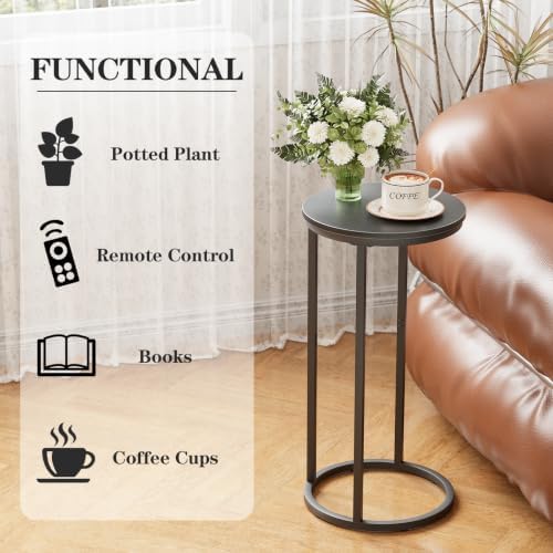 C Shaped end Table,Wood Round Side Table for Couch,Small Sofa Table with Metal Frame for Bedroom,Living Room,Bedside,Black Wood Grain(11.81" D x 11.81" W x 23.62" H) - Image 5