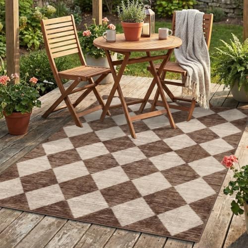 4x6 Covered Outdoor Patio Rug - Brown Beige Checkered Entry Rug by Othilic