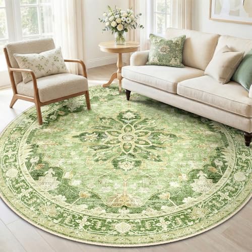 RELEANY Washable Area Rug, Round 6ft, Green/Yellow by RELEANY