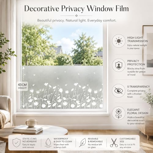 Static Cling Window Privacy Film, 78" x 17" Frosted Glass Covering with Wildflower & Botanical Patterns, Removable No Glue Window Film for Home Bathroom Bedroom Office (Daisy) - Image 6