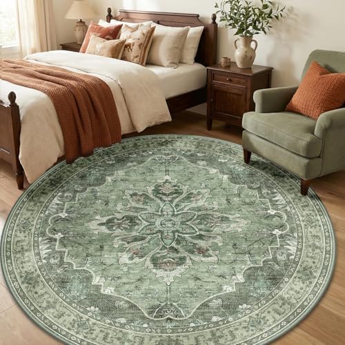 RELEANY Washable Area Rug, Round 6ft, Green/Dark Green/Gray - Image 3