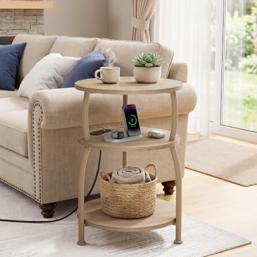 Round Side Table with Power Outlet, USB Type C Port, 3-Tier End Table - Image 2